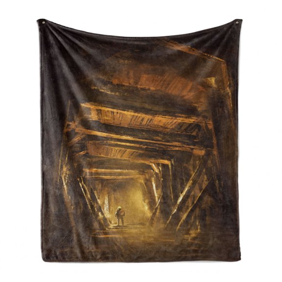 Cartoon Soft Flannel Fleece Throw Blanket, Art of a Painting Abandoned Mine Explorer Mystic Adventure Print, Cozy Plush for Indoor and Outdoor Use, 60" x 80", Yellow and Brown, by Ambesonne