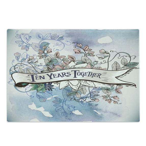 Anniversary Cutting Board, Creative Sketch Artwork with Leaves and 10 Years Together Lettering on Ribbon, Decorative Tempered Glass Cutting and Serving Board, in 3 Sizes, by Ambesonne