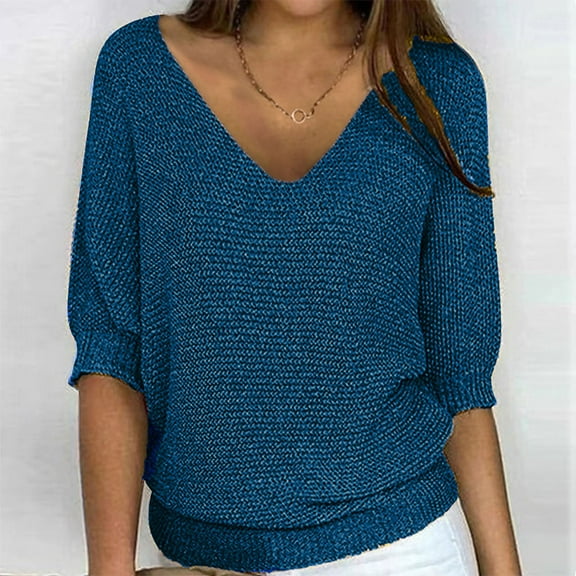 Karight Womens V-Neck Batwing Sleeve Knit Sweater, Loose Fit Dolman Sleeve Pullover with Ribbed Hem