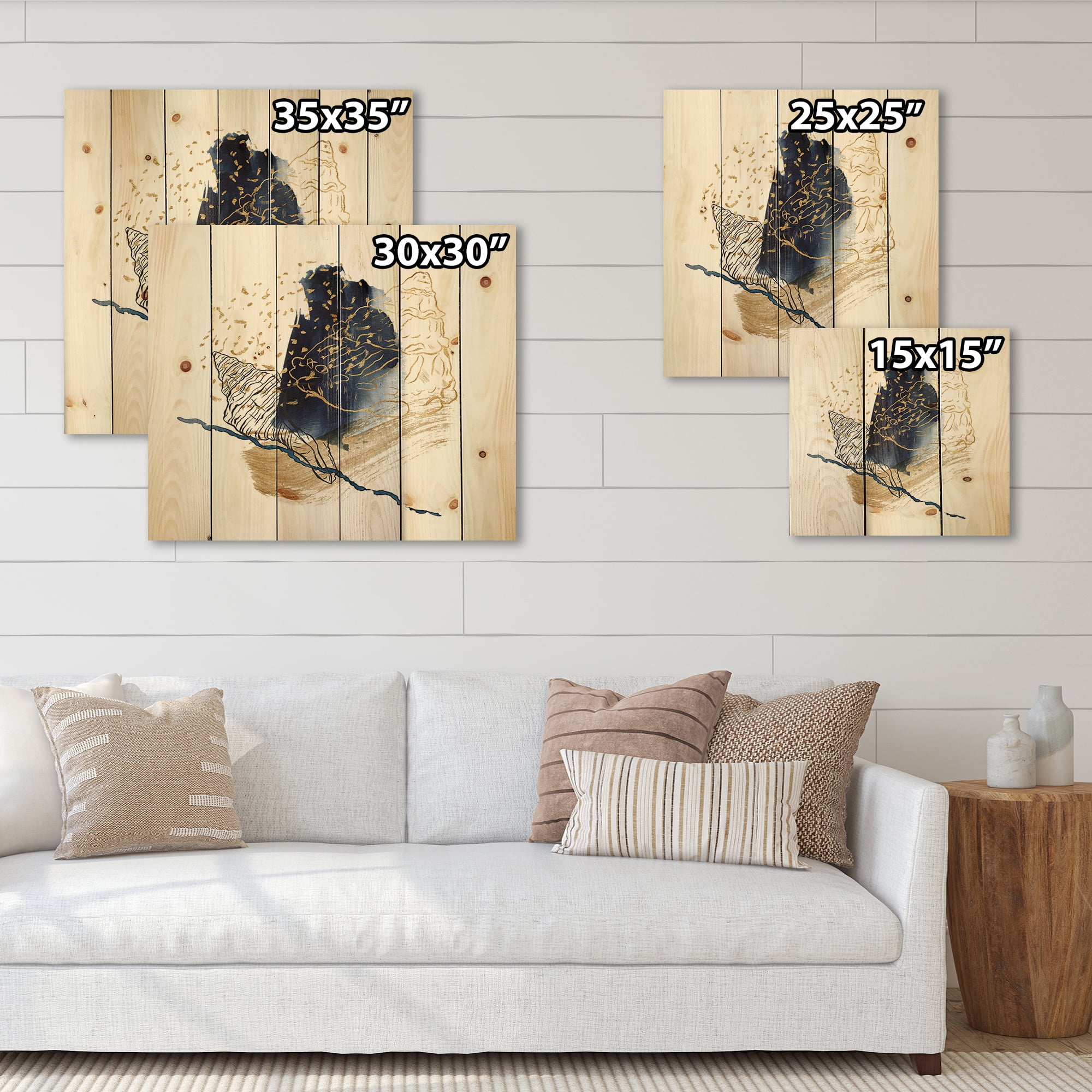 Designart 'Underwater Marine Life With Gold Shell Line Art' Farmhouse Print on Natural Pine Wood