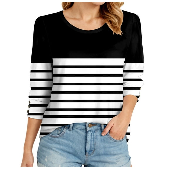 kaprioy Womens 3/4 Length Sleeve Tops Spring Summer Fashion Tops Crew Neck Pleated Shirts Tunic Top Loose Fit Black, L