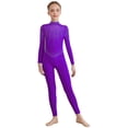 thumbnail image 2 of Kaerm Kids Girls Mock Neck Dance Jumpsuit Sheer Mesh Figure Skating Bodysuit Shiny Rhinestones Full Body Leotard Purple 14, 2 of 5