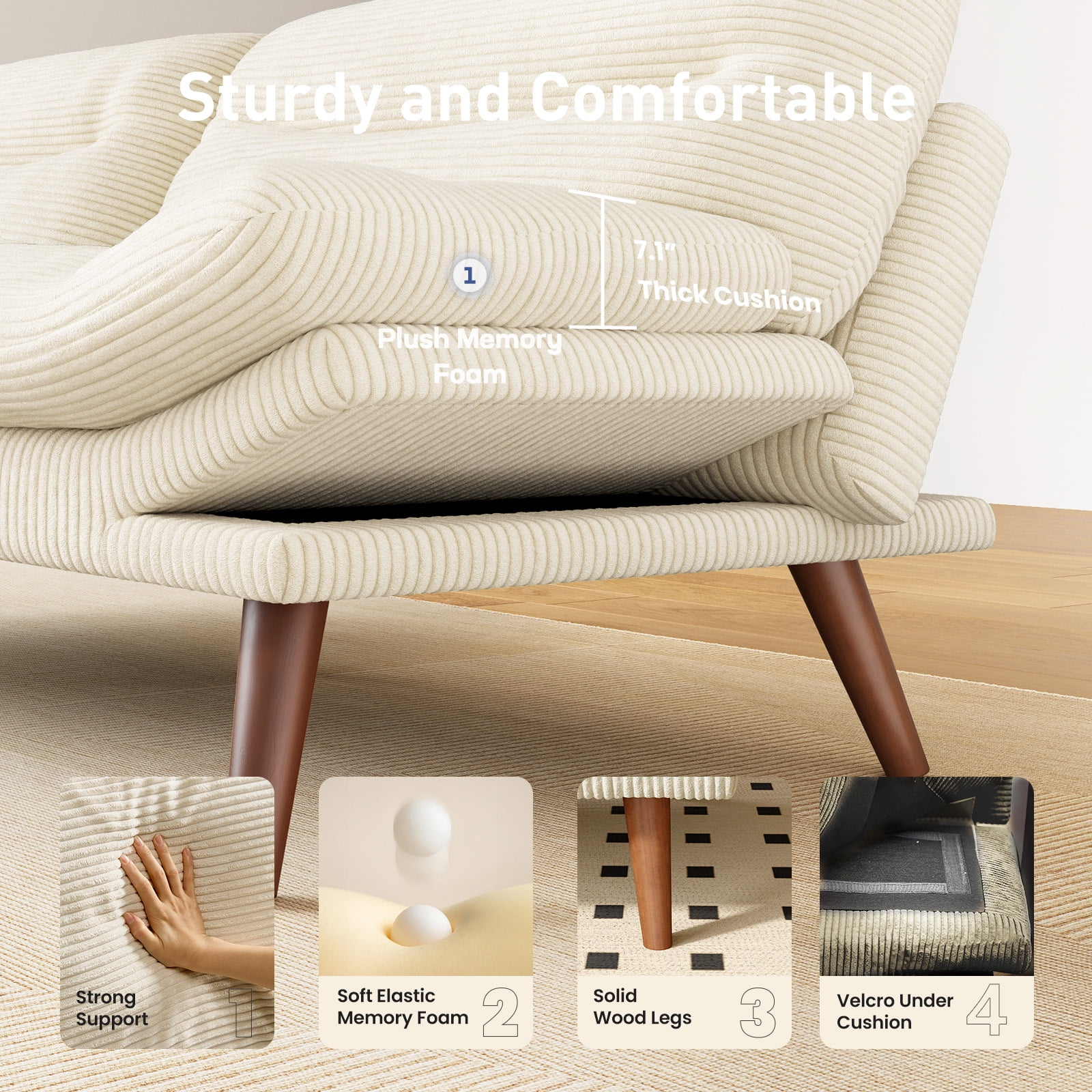 CHITOOMA 66" Futon Sofa Bed with Adjustable Backrest and 6-Level Armrests, White Corduroy Convertible Futon Couch, Comfy Loveseat for Small Spaces, Apartment or Office