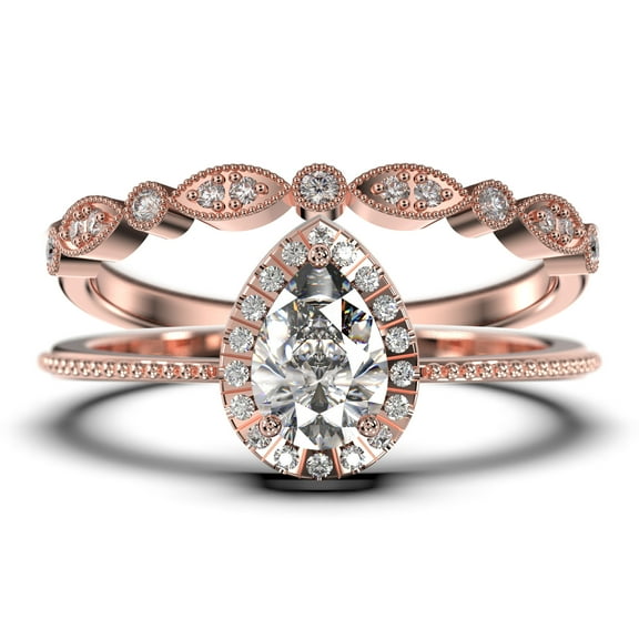 Art deco 1.75 Carat Vintage Pear Cut Diamond Moissanite Engagement Ring Set, Wedding Ring in 10k Solid Rose Gold, Gift For Her Promise Ring Anniversary Ring