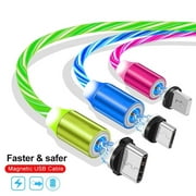 3 in 1 LED Flowing Light Magnetic USB Cable Charger Type C Micro USB Android IOS Fast Charging Cord for iPhone 12 11 Pro Max Samsung LG Huawei(Green 1M)