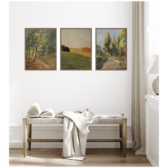 Kate and Laurel Forest Interior, Evening 1910, and Parklandschaft 3 Piece Framed Canvas Wall Art Set by Nostalgia Prints, Sylvie Walnut Traditional, Landscape Art for Wall Decor