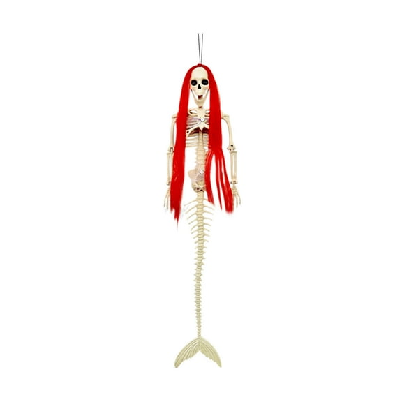 Uutvmp Halloween Mermaid Skeleton, Halloween Skeleton Mermaid with Posable Movable Joints, Red Long Hair Girl Skeleton for Hanging Indoor Outdoor Spooky Party Favors Decorations
