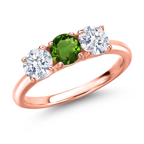 Gem Stone King 18K Rose Gold Plated Silver Green Chrome Diopside and White Zirconia Engagement Ring for Women | 2.00 Cttw | Round 5MM | Gemstone Birthstone | Size 9