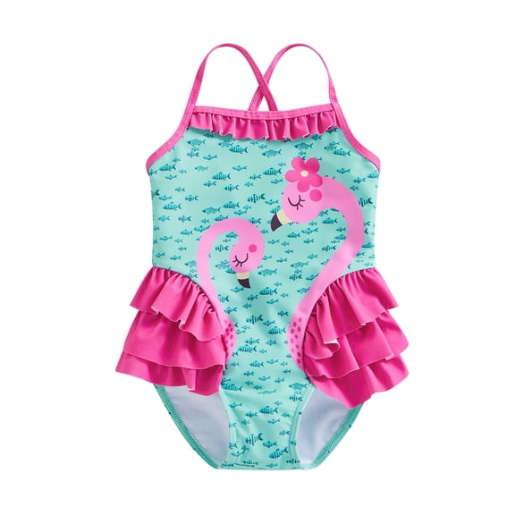 Kids Baby Girl Summer Swimming Suit Flamingo Little Fish Print Sleeveless Ruffle Hem Sling Bathing Suit Beachwear