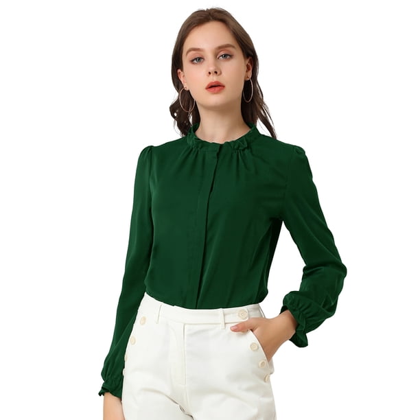 Allegra K Blusa De Chifón Con Cuello Levantado Y Volantes De Manga Larga Con Cierre De Botones Para Oficina Y Trabajo Para Mujer Verde oscuro M