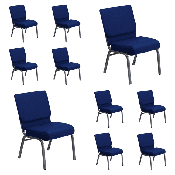 (10 PACK) 21'' Wide Navy Blue Fabric Church Chair with Book Rack and Silver Vein Frame - Multipurpose Stackable Office Side Chair