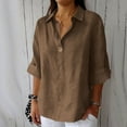 thumbnail image 2 of Enjoytime 3/4 Length Sleeve Womens Tops Solid Color Collared Neck Button Down Shirt Summer Cotton and Linen Casual Loose Plus Size Blouse Brown XL, 2 of 5