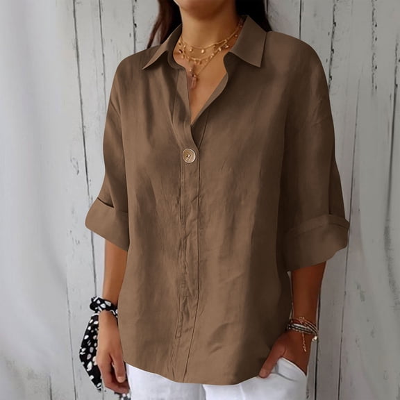 Gamivast Linen Shirts for Women Loose Fitting Lapel Collar V Neck Dressy Casual Blouses Trendy 3/4 Sleeve Tunic Beach Tee Summer Office outfits
