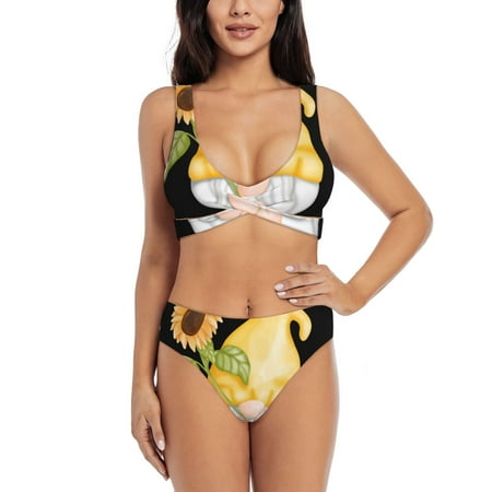 Zeuib Sunflower Gnomes5 High Waisted Tummy Control Bikini Set - Knot Front Push Up Top & Cheeky Thong Bottom  Two-Piece Swimsuit for Women-XX-Large