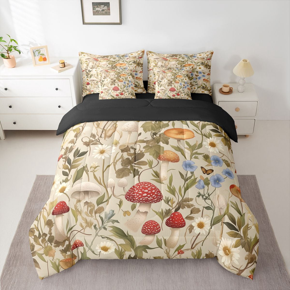 Homewish Cute Mushroom 7-Piece Twin Bedding Sets,Rustic Daisy Flower Bedding Comforter Set,Brown Red Sheet Sets For Adults,Microfiber Bedroom Decor Reversible