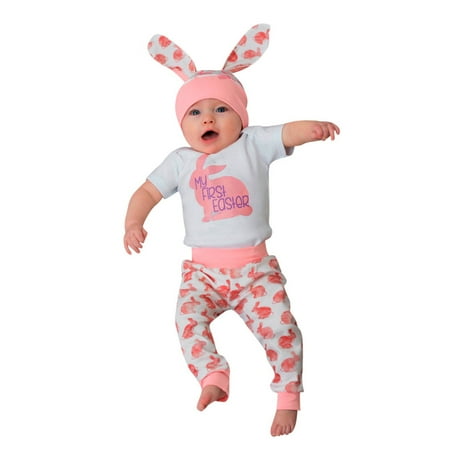 

EHTMSAK Infant Baby Toddler Girl Outfits Summer Short Sleeve Bodysuit and Pants Set Clothing Set with Hat Pink 3M-18M 70