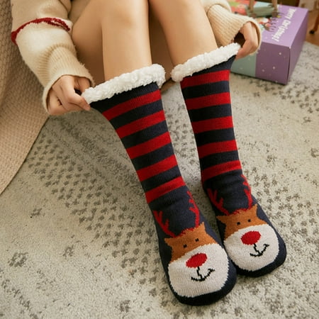Slipper Socks Santa Deer Thick Fleece Lining Knit Animal -Slip ...