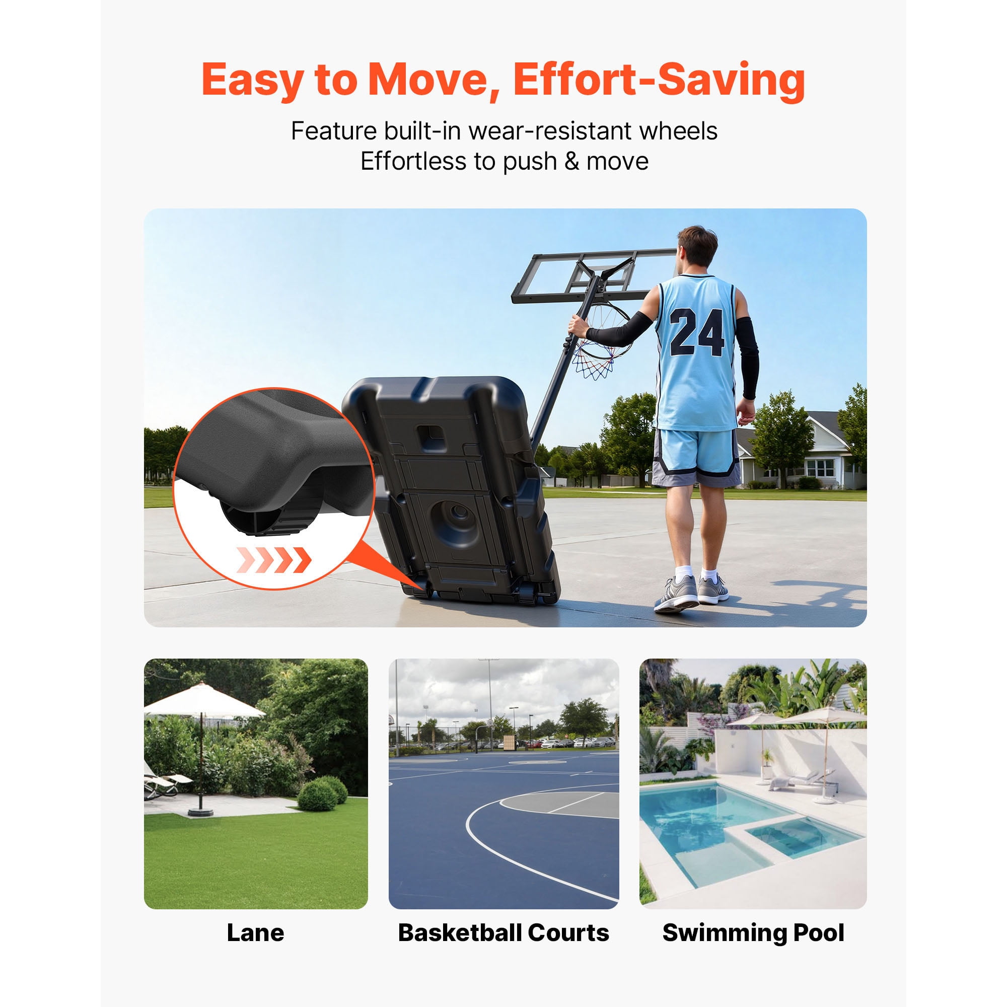KFFKFF Adjustable Portable Basketball Hoop, 10 ft Height with 48-inch Backboard & Wheels, Suitable for Kids, Teens, and Adults for Driveways, Pools, and Schools