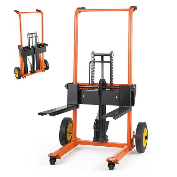KFFKFF Hydraulic Material Lift Winch Stacker, 450 lbs Capacity, Pallet Truck with Fork Lift Table, 39.4 Inches Max Height, Foldable & Portable Pallet Jack Cart, Orange & Black
