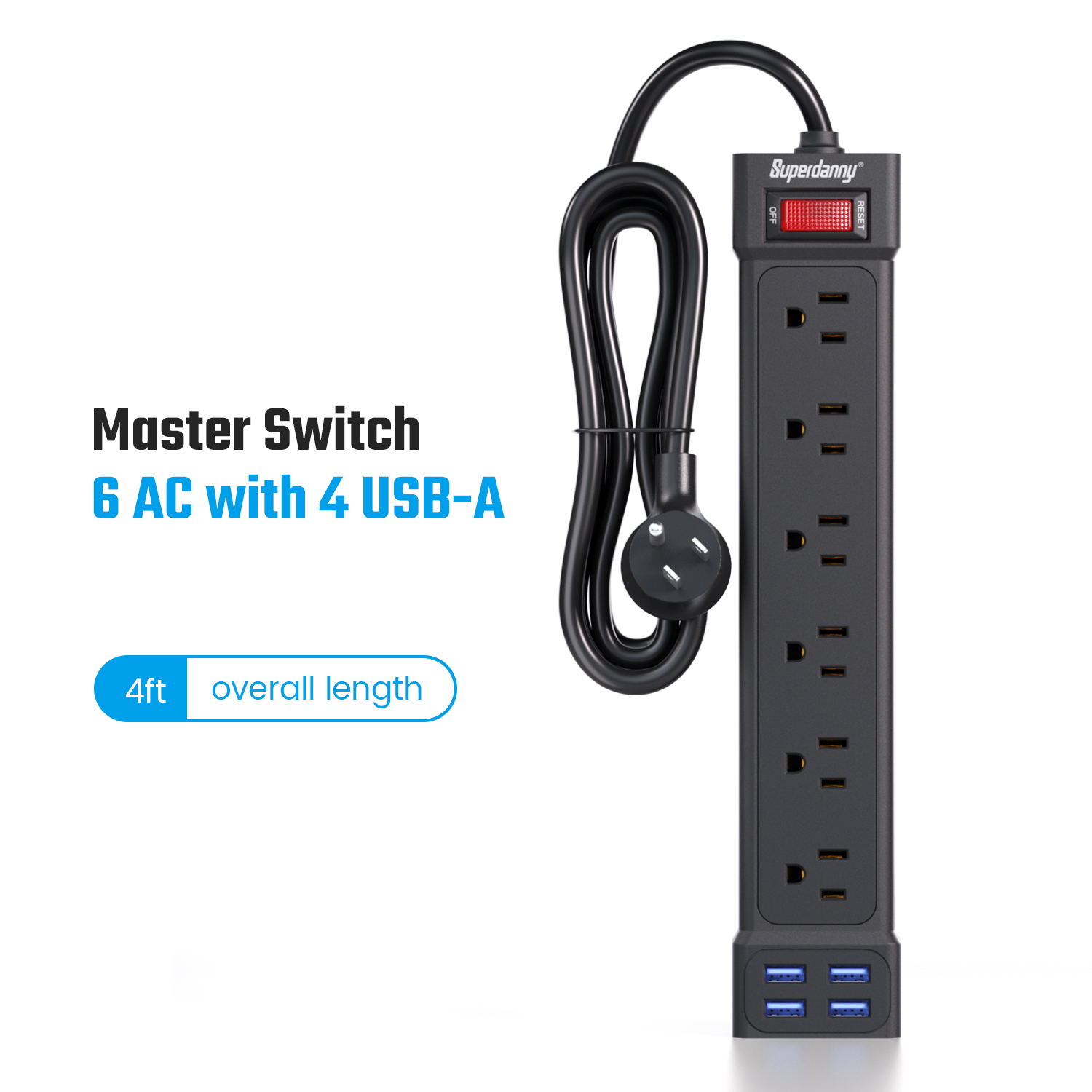 SUPERDANNY Surge Protector Power Strip with USB Ports 6AC Outlets Extender 4ft Wall Mountable