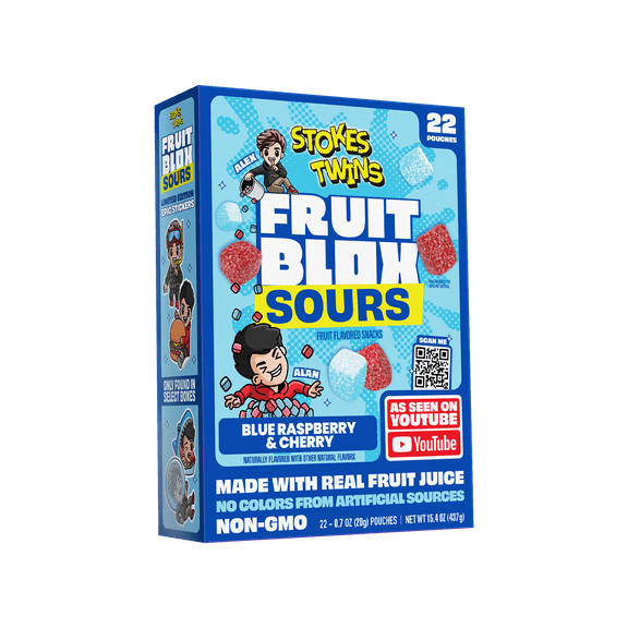FruitBlox Stokes Twins Sour Fruit Snacks, Blue Raspberry & Cherry, 22 Count
