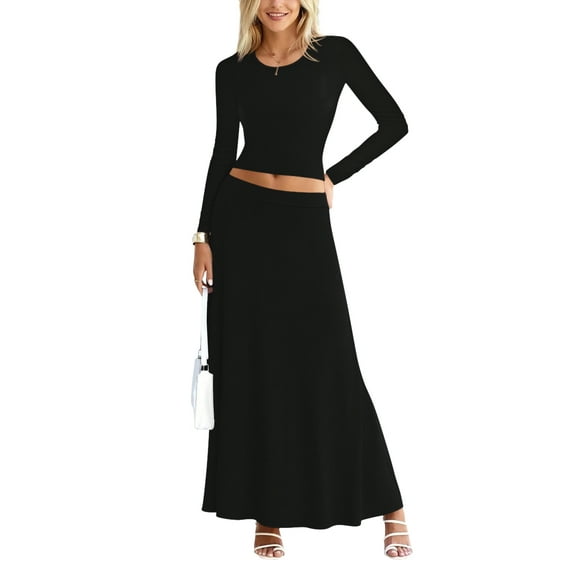 Sweet Hearts 2 Piece Sets for Women- Casual Modal Solid Maxi Skirt Long Sleeve Crop Tops Womens 2 Piece Outfits Fall Made in USA (Black, Large)