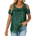 thumbnail image 3 of Yeaiivve Women Sequin Tops Trendy Cold Shoulder Short Sleeves Sparkly Tshirts Crewneck Loose Comfy Glitter T-Shirt Dressy Party Clubwear Green,XXL, 3 of 7