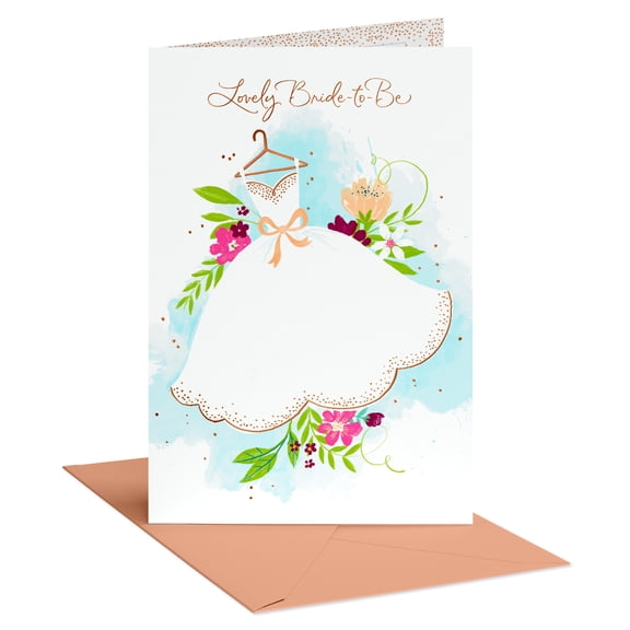American Greetings Bridal Shower Card for Bride-to-Be, Watercolor Wedding Dress Rose Gold Foil Details, Includes Envelope