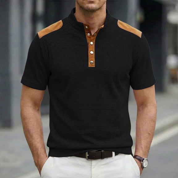 BRGZLK Men's Short Sleeve Waffle Texture Shirt Slim Fit Summer Button Stand Collar Casual Business Golf T-Shirts Work Tops