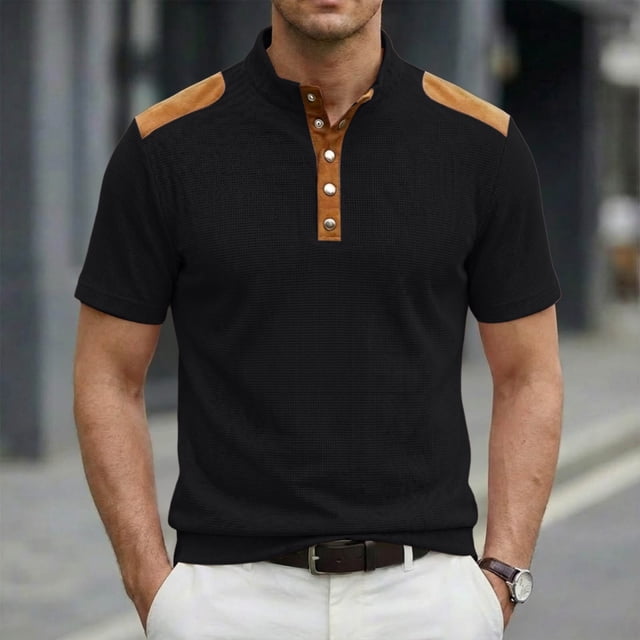 Ceisia Men's Loose Fit Ribbed Polo Shirt Short Sleeve Stand Collar Color Block Casual Daily Summer Tops Black XL Gifts