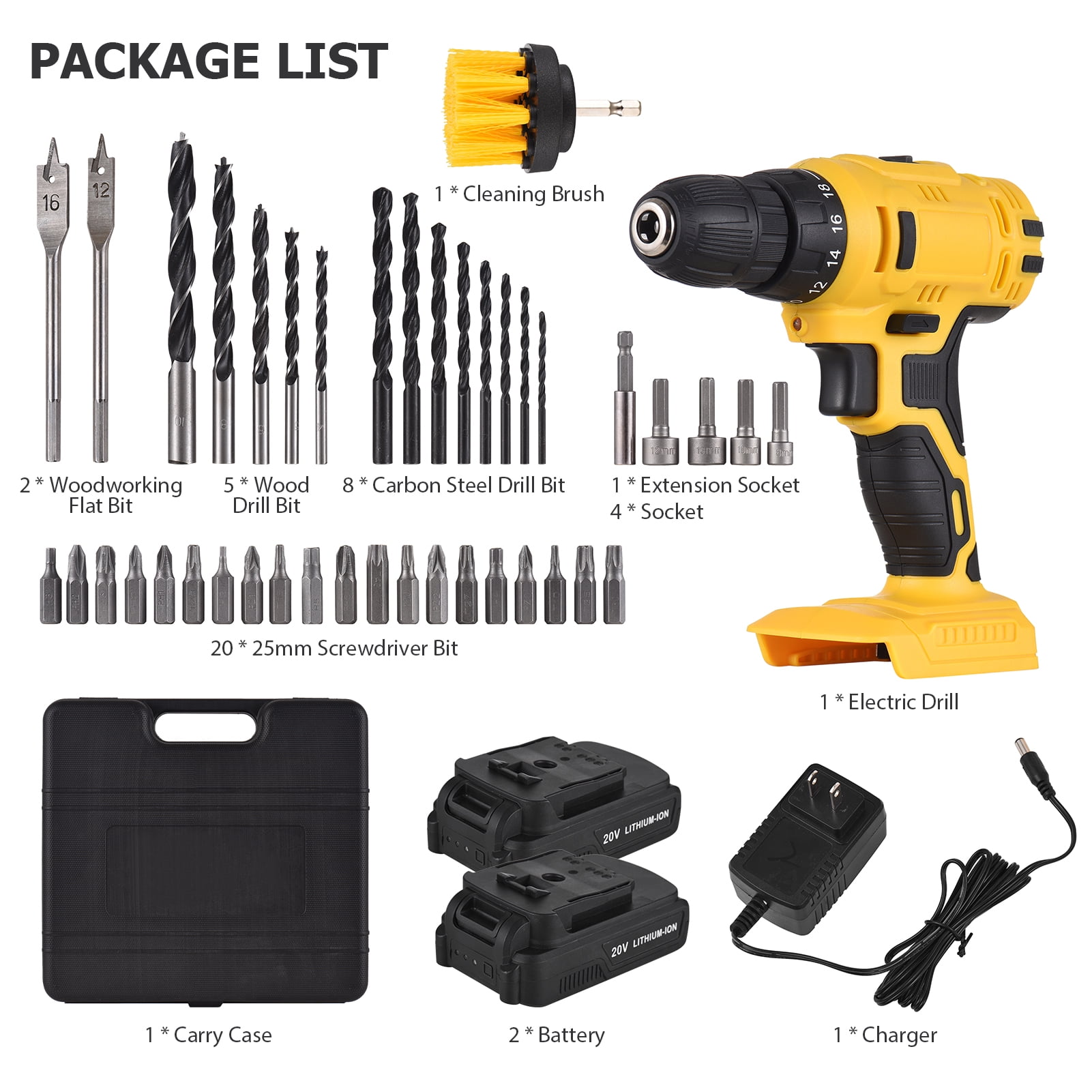20V Cordless Electric Drill Kit with 2 Batteries and Fast Charger