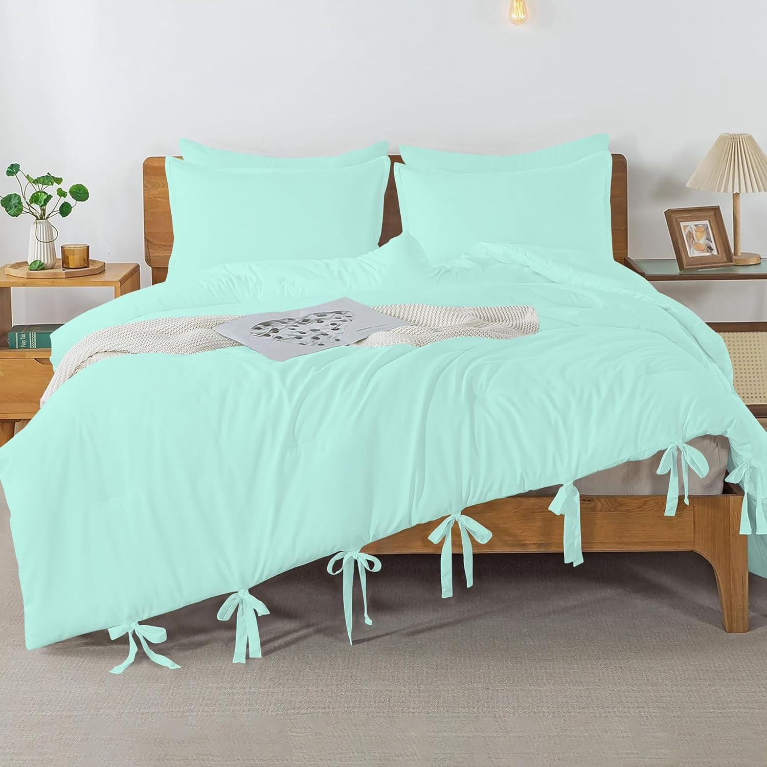3 Piece Luxury Bottom Tie Pattern Comforter Set, 800 TC, 100% Egyptian Cotton, King/California King Size Aqua Blue Solid