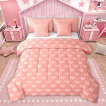 Homewish Salmon Love Heart Bedding Comforter Set 7 Pieces, Kawaii Princess Cartoon Full Bedding Set, Teens Kids Girls Women Reversible Fitted Sheet Flat Sheet, Ultra Soft Bedroom Decor