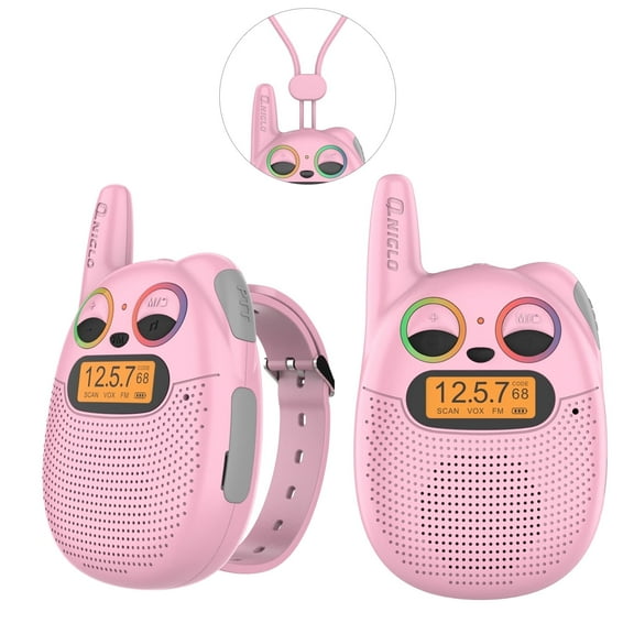 QNIGLO Rechargeable Kids Walkie Talkies,Flashing Eyes & FM Radio 2-Mile Range, 22 Channels, Wearable Watch Band for Girls & Boys 3-12, Pink Christmas Birthday Gifts for Outdoor Camping