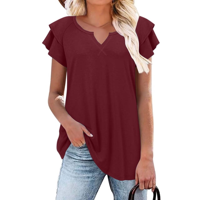 BVOFAR Women's Notch V Neck Layered Ruffle Short Sleeve Tunic Tops Summer Casual Shirts 2025 Solid Color Trendy Blouses