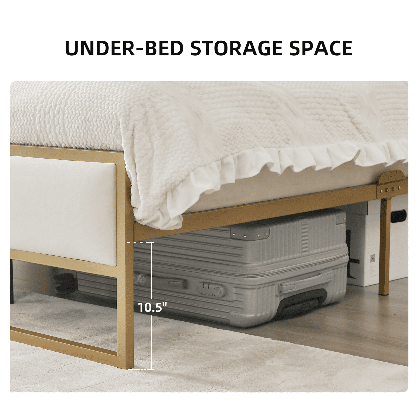 Full Size Bed Frame, Golden Metal Platform Bed Frame with Velvet Upholstered Headboard, Beige