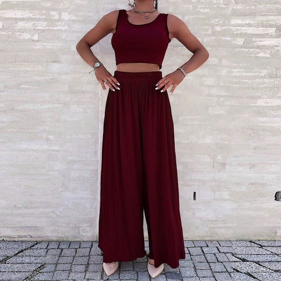 Idoravan Women Sets Clothing Clearance Womens Summer Solid Color Sleeveless Slim Vest Casual Wide Leg Pants Suit Set