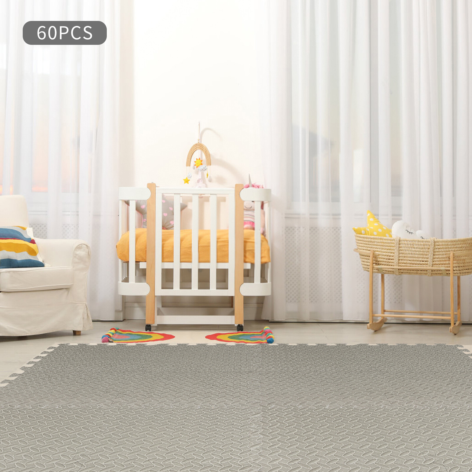 60pcs Soft Non Toxic Baby and Kids Play Mat EVA Foam Floor Interlocking Tiles Playroom Grey