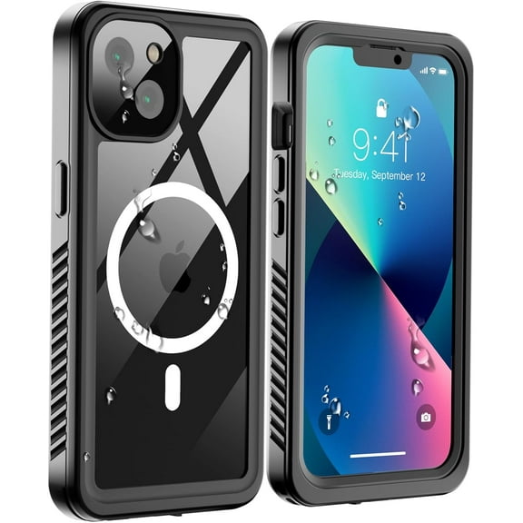 Magnetic for iPhone 13 Waterproof Case,[Built-in Screen Protector][IP68 Underwater][15FT Military Dropproof][Compatible with MagSafe] Full Body Heavy Duty Shockproof Phone Case-Black/Clear