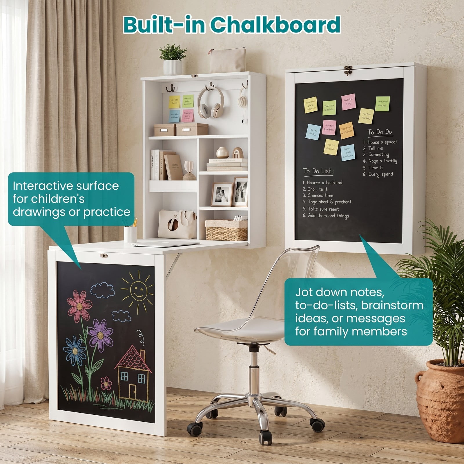 Furnibear Convertible Wall Mounted Folding Table with Chalkboard, Space Saving Fold Down Wall Desk with 6 Storage Cubes and 3 Hooks for Kids Study Home Office, White