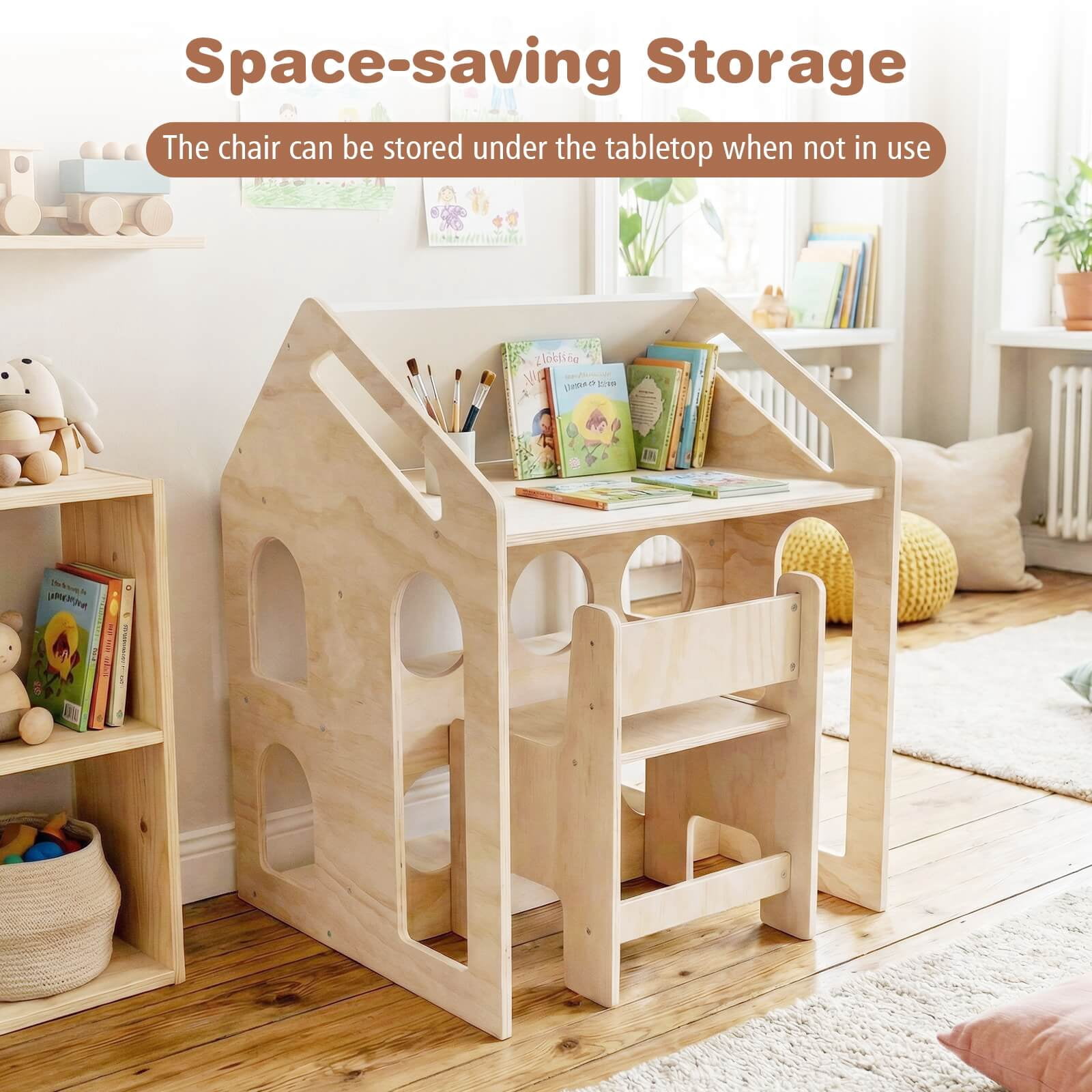 Costway House-shaped Kids Table & Chair Set with Top Chalkboard, 2 Open Storage Shelves Natural + Black