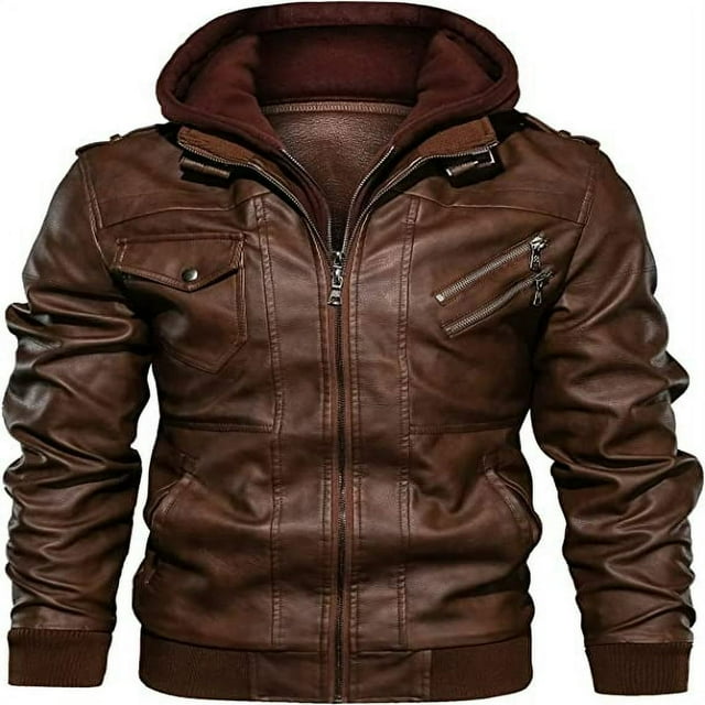 Motorcycle Jacket for Men Casual Faux Leather Bomber Jacket with Removable Hood