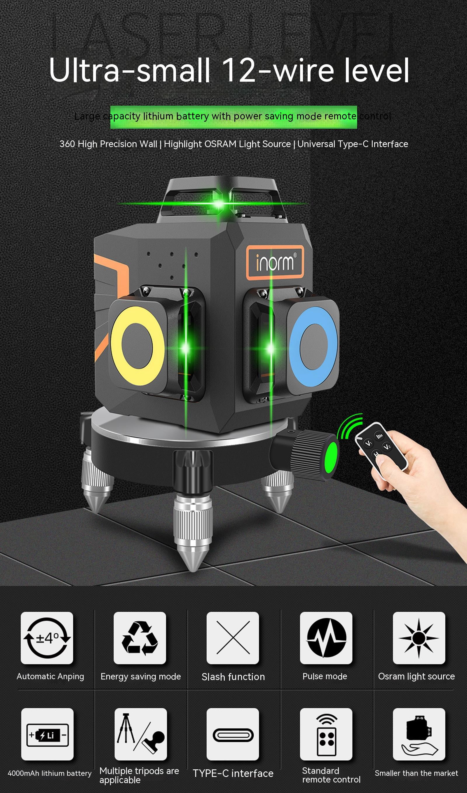 3D Cross Line Self-leveling Laser Level 12 Line 3 x 360 Green Beam Three-Plane Leveling and Alignment Laser Tool,Osram Light Source,Remote Pulse Mode,Self Leveling,Li-ion Battery with Type-C Charging