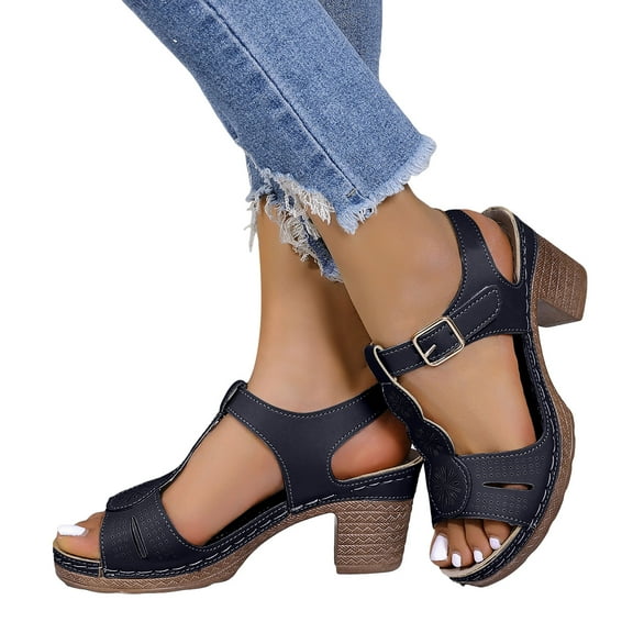Women's Platform High Heels Sandals Vintage Roman Leather Peep Toe Chunky Heeled Dress Summer Shoes