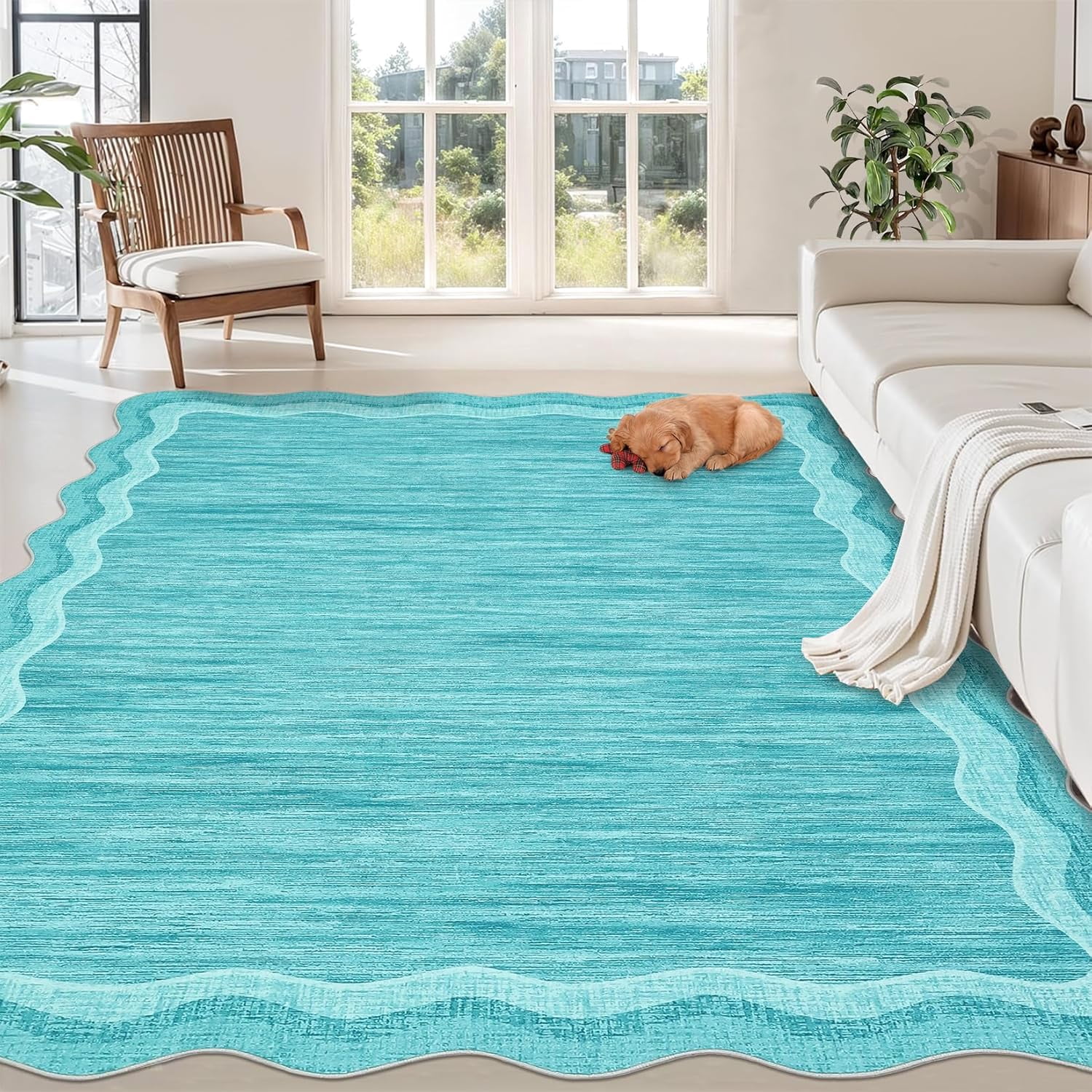 Low Pile Non Slip Area Rug Washable 5’x7’, Teal Scalloped Wavy Edge Indoor Carpet for Living Room Nursery Bedroom Office, Soft Neutral Home Decor, Teal
