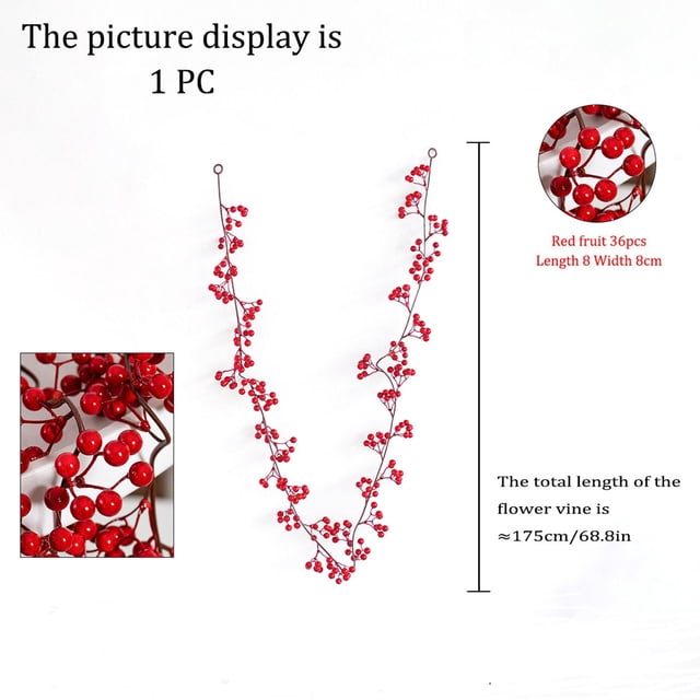 HWRETIE Indoor Hanging Green Vines Christmas Simulation Red Fruit Rattan Artificial Fake Leaf Wall Hanging Flowers Rattan Indoor Layout Home Decor