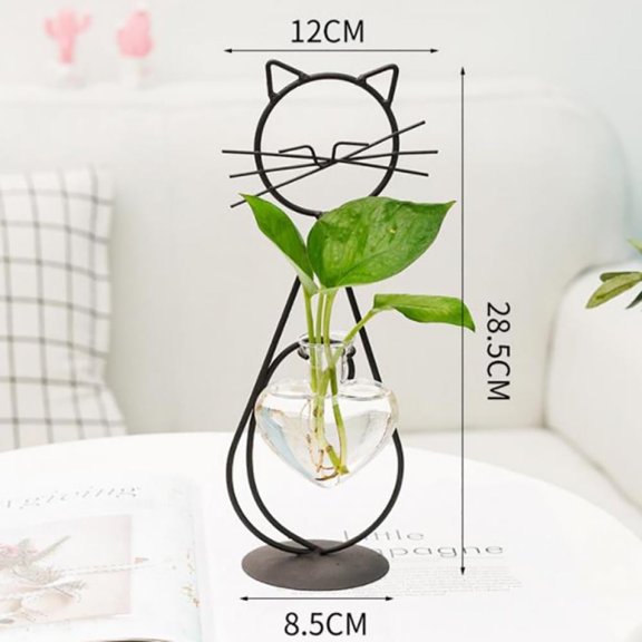 Pretty Comy Hydroponic Plant Vases Cute Cat Flower Pot Transparent Vase Iron Frame Glass Tabletop Plants Home Bonsai Decor Style 1