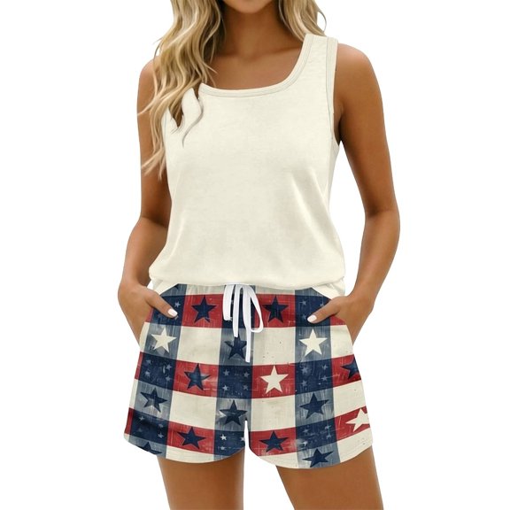 BOOMNY 4Th Of July Womens 2 Peice Sets Patriotic Usa Star Striped Graphic Sleeveless Tops Shorts Outfits for Women Independence Day Matching Sets