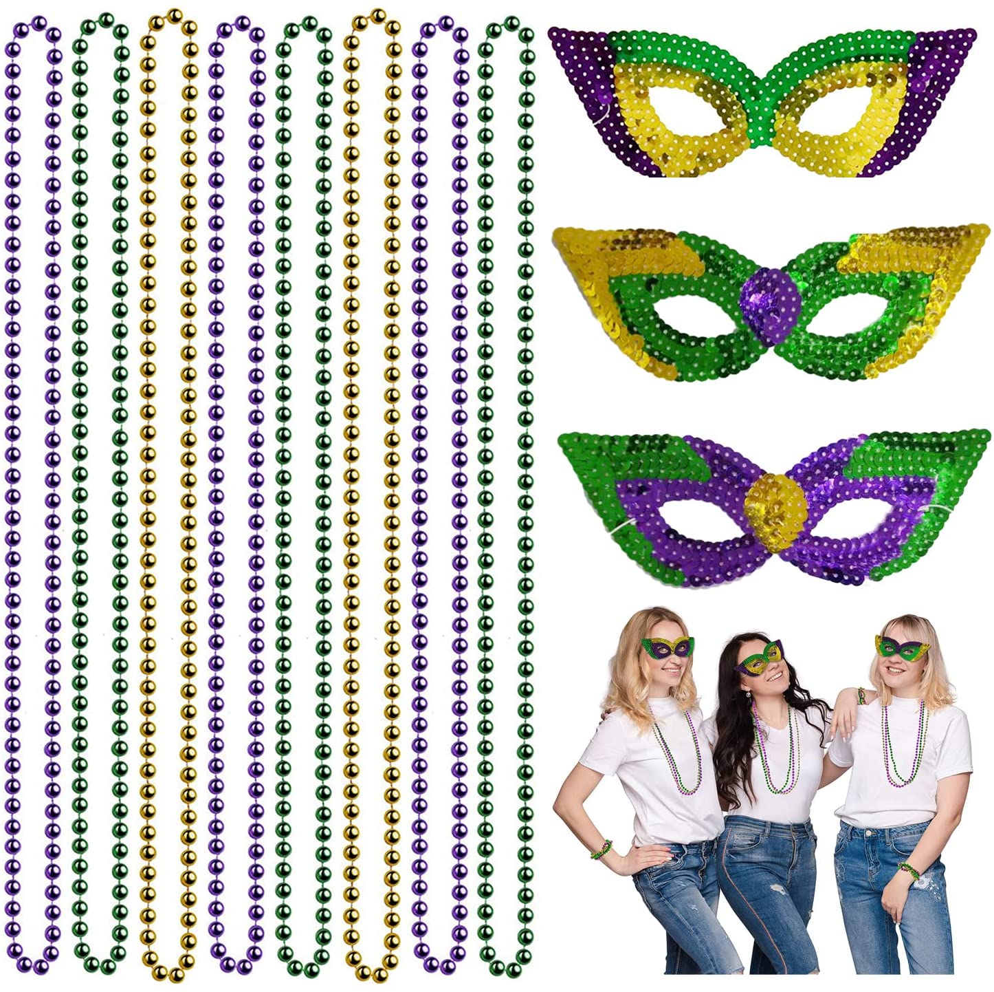 12 Pieces Mardi Gras Masks  Beads Necklaces Bulk Set - Mardi Gras Costume  Accessories Set Including Mardi Gras Necklaces and Mask for Carnival  Cosplay Party - Walmart.com