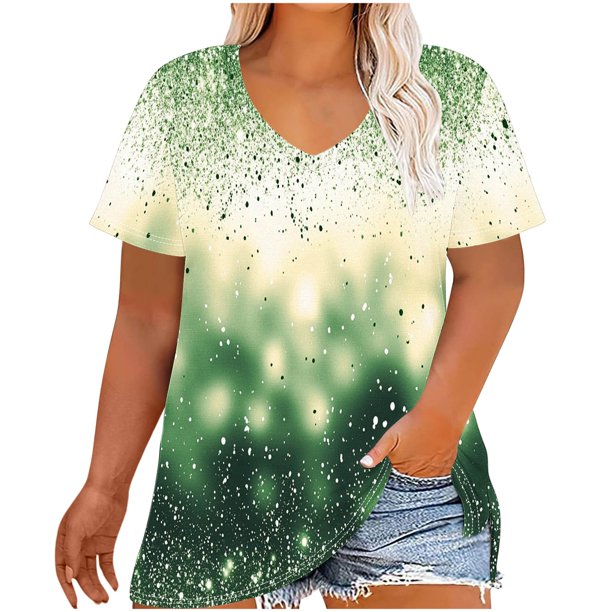Tamaño Más Manga Corta Tops para la Impresión de Cuello en V de las Mujeres, Color Sólido Base de Verano Blusa Casual